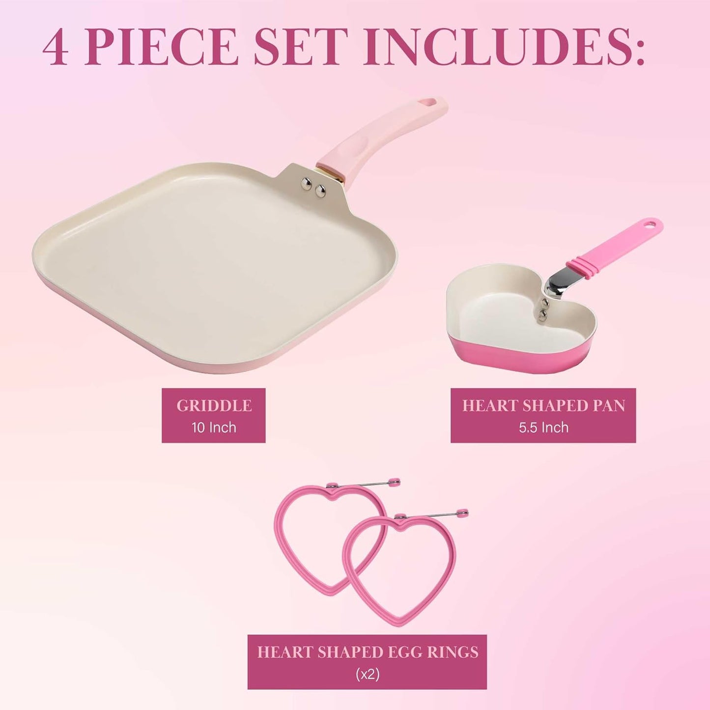 Paris Hilton Breakfast Ceramic Nonstick Cookware Set, Includes Square Griddle, Mini Heart Shaped Fry Pan and Two Silicone Heart Shaped Egg Rings, 4-Piece Set, Pink