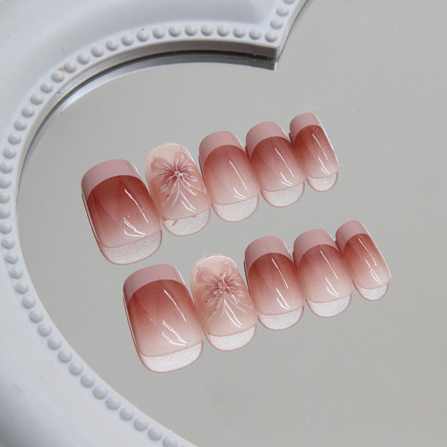 Press On Nails - Pink Butterfly | Pink Series | Beautiful Glossy Pink Nails with Butterfly Design | Short Coffin French Tip Nails, 24 Pcs Reusable Fake Nails