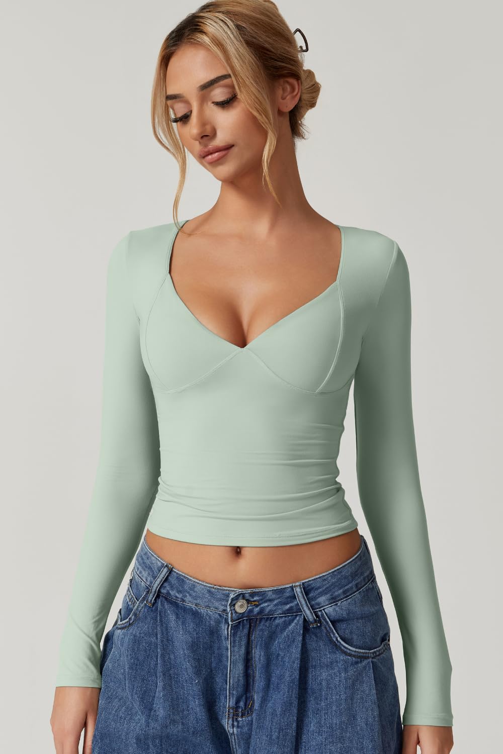 Women's Long Sleeve V Neck T Shirts - Double Lined Crop Top Seamed Cup