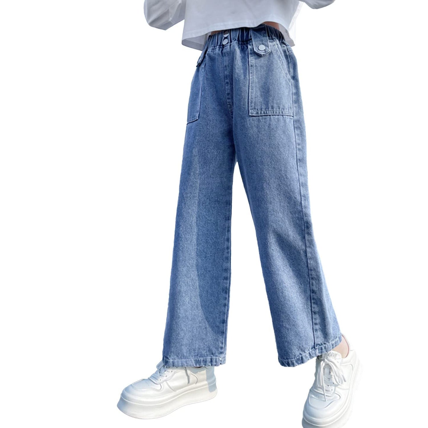 Girls Jeans Denim Elastic Wasit Wide Leg Baggy Pants