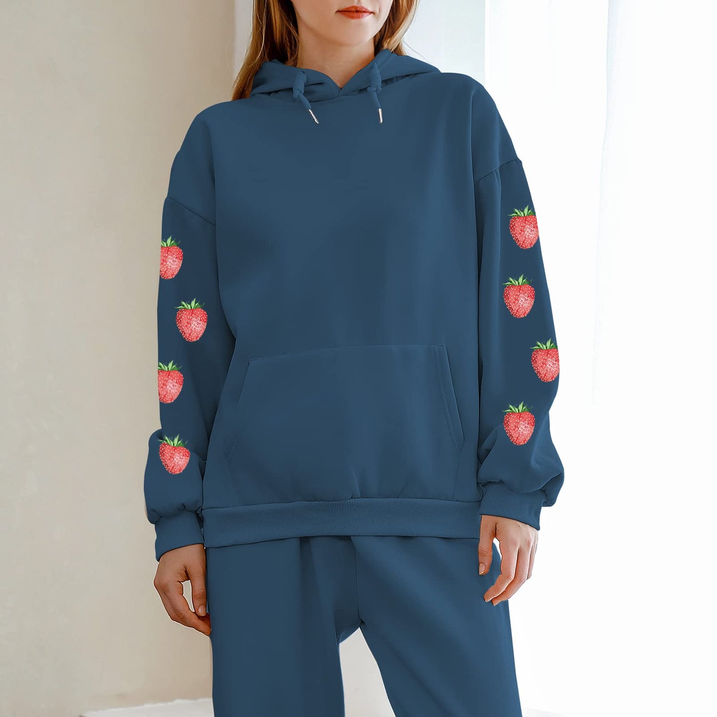 Women's Cute Sweatshirt Strawberry Sleeve Printed Cotton Warm Hoodie with Pocket