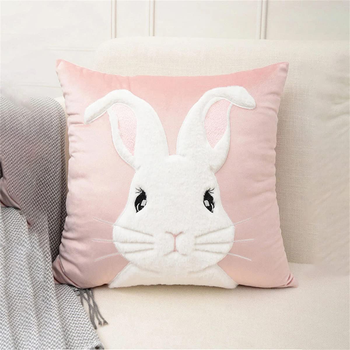 Embroidered 3D Bunny Rabbit Throw Pillowcase Velvet Spring Easter Pillow Covers