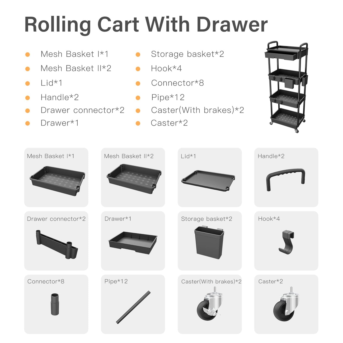 Rolling Utility Cart with Drawer,Storage Cart with Iron Wheels