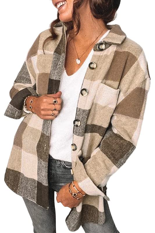 Women's Casual Flannel Plaid Shacket Button Down Long Sleeve Shirt Jacket Coats with Pockets