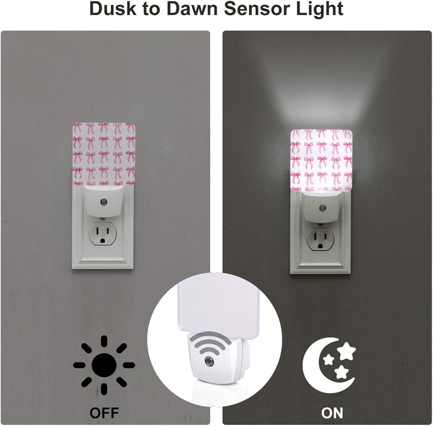 Pink Bows Set of 2 Led Night Lights，Night Lamp Auto Plug-in Wall Led Nightlight Sensor