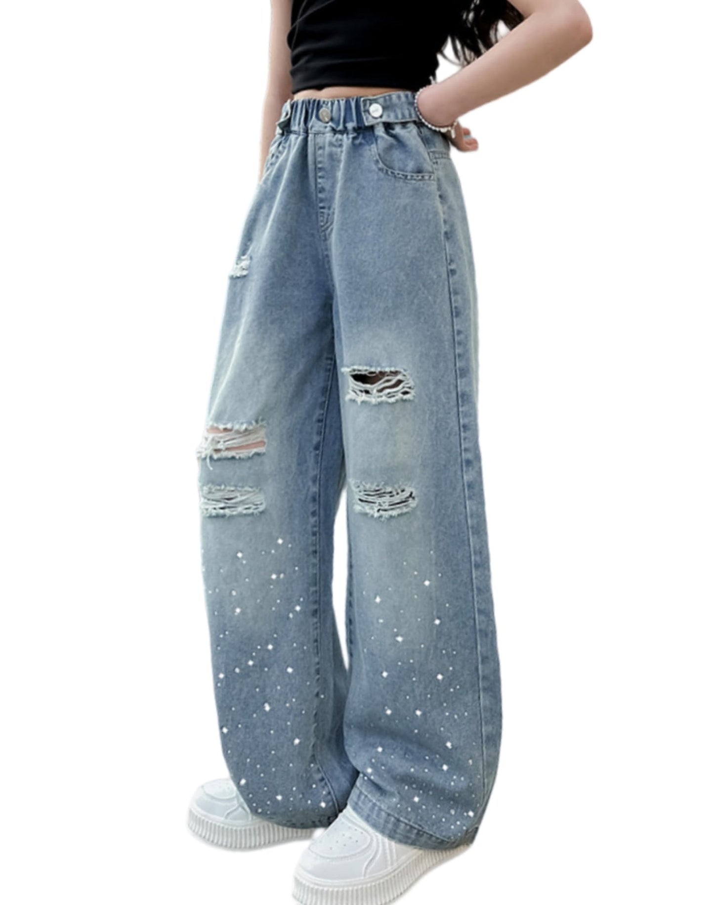 Girls Jeans Denim Elastic Wasit Wide Leg Baggy Pants