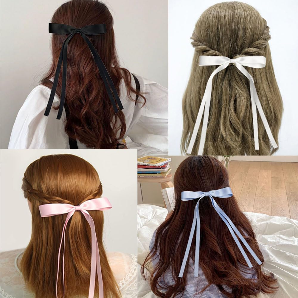 Satin 4-Piece Hair Ribbon Clips for Women and Girls – Pink and Beige Long Tail Bow Hair Accessories