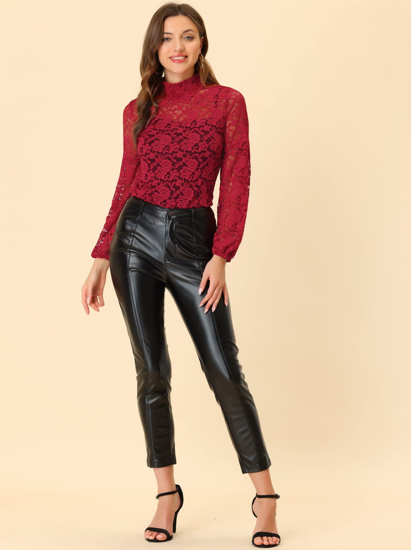 Floral Lace Top Turtleneck Puff Long Sleeve See Through Sheer Blouse