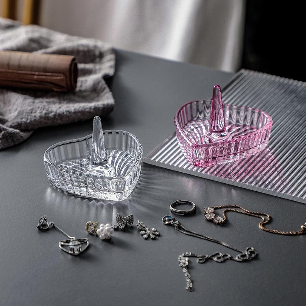 Heart-Shaped Crystal Glass Jewelry Box with Embossed Design and Lid