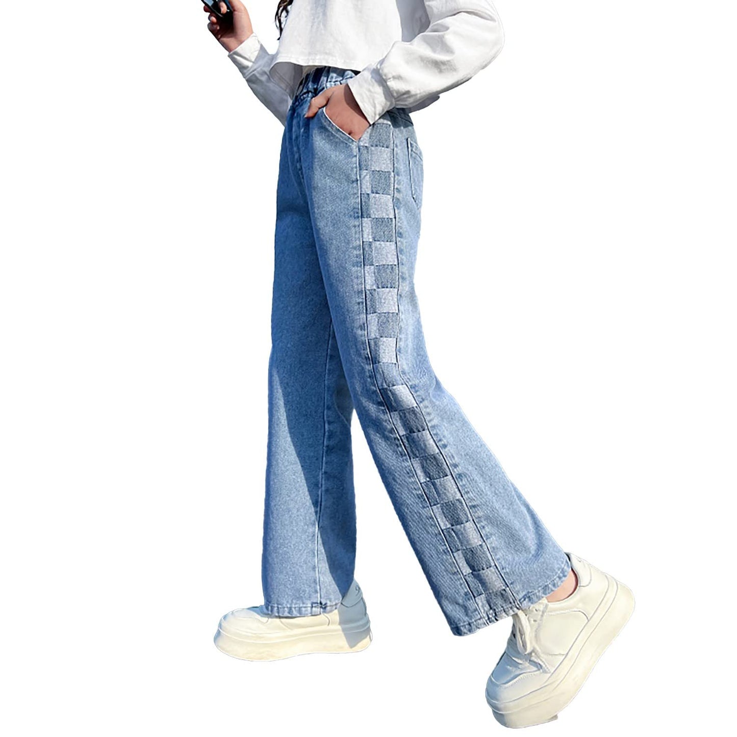 Girls Jeans Denim Elastic Wasit Wide Leg Baggy Pants