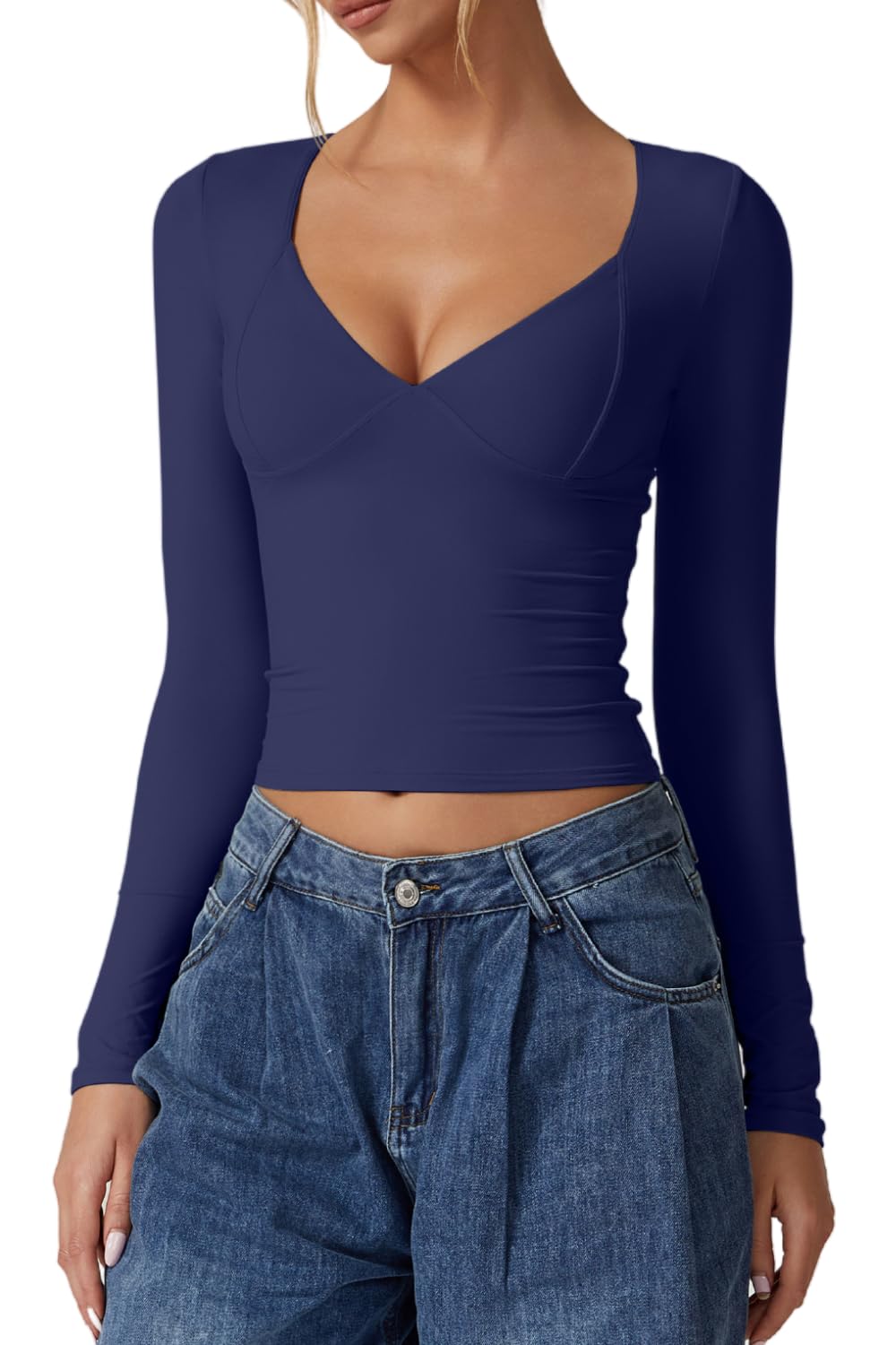 Women's Long Sleeve V Neck T Shirts - Double Lined Crop Top Seamed Cup