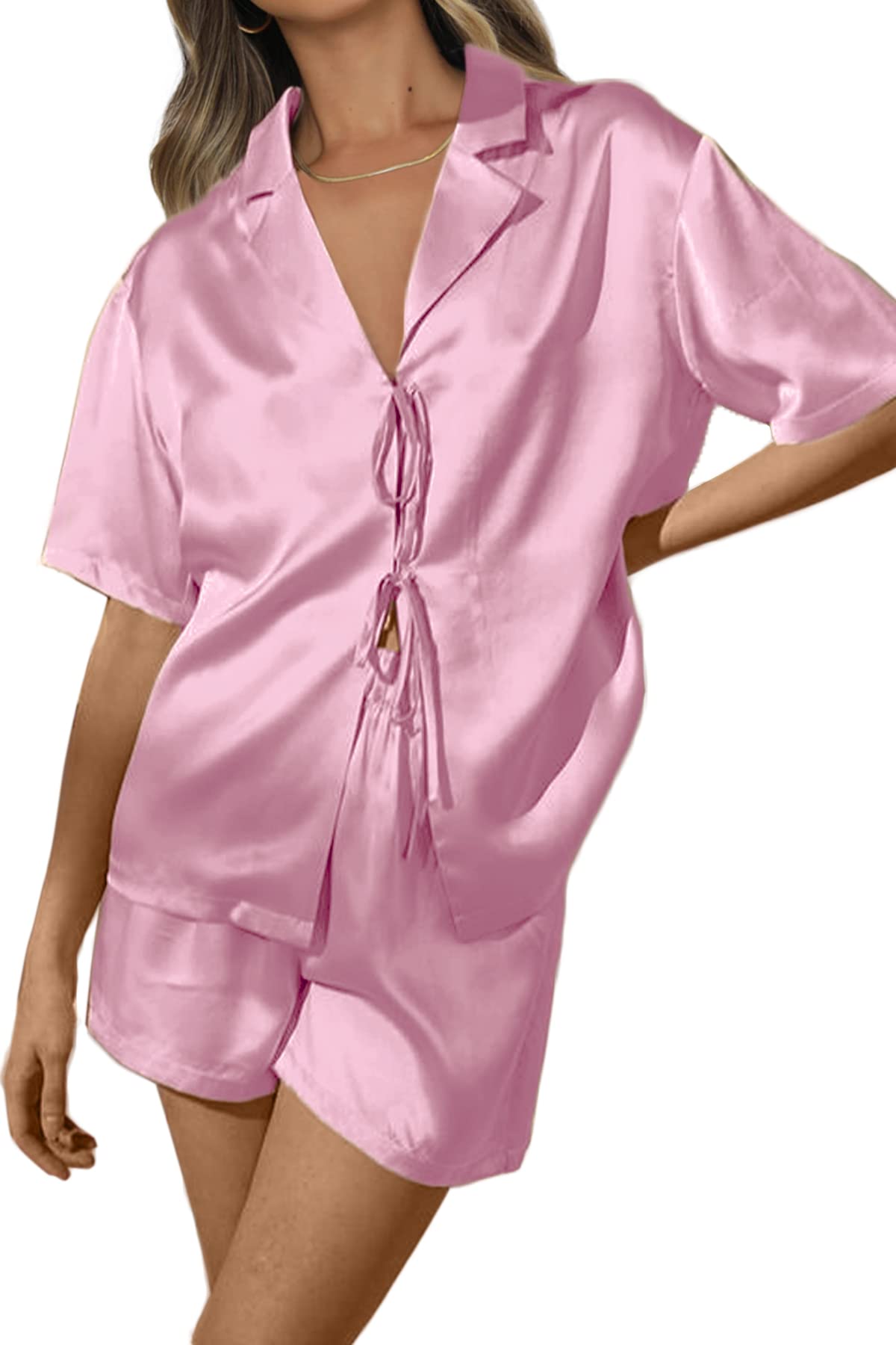 Women's Silk Satin Pajamas Sets Tie Front Short Sleeve Tops and Shorts Two Piece Pj Sets Sleepwear