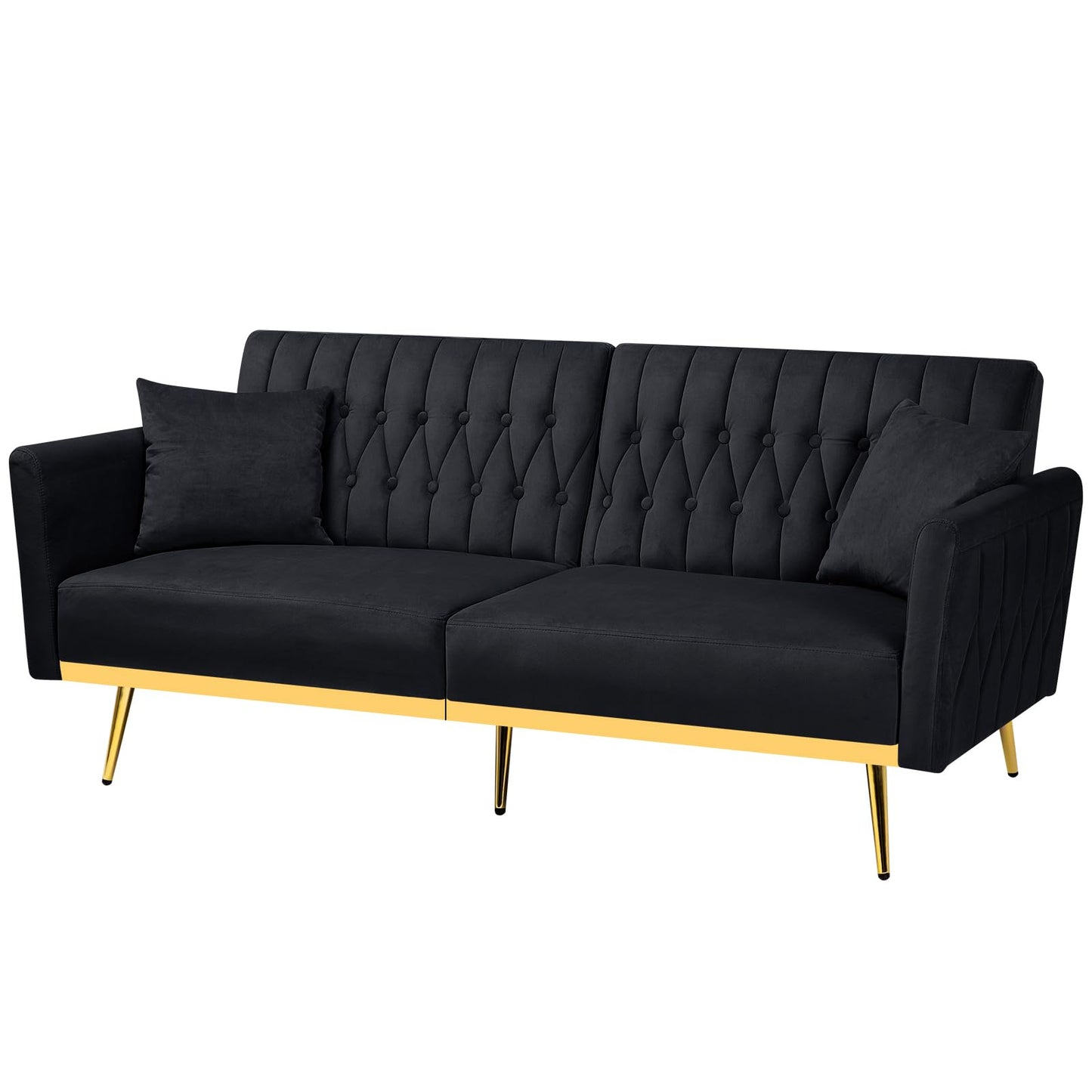 Velvet Futon Sofa Bed with 2 Pillows and Adjustable Armrests, 70”