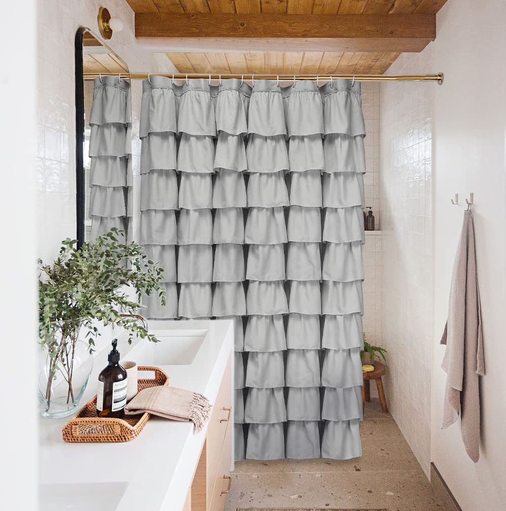 Ruffle Shower Curtain Farmhouse Rustic Fabric Cloth Shower Curtains for Bathroom, 72" x 72"