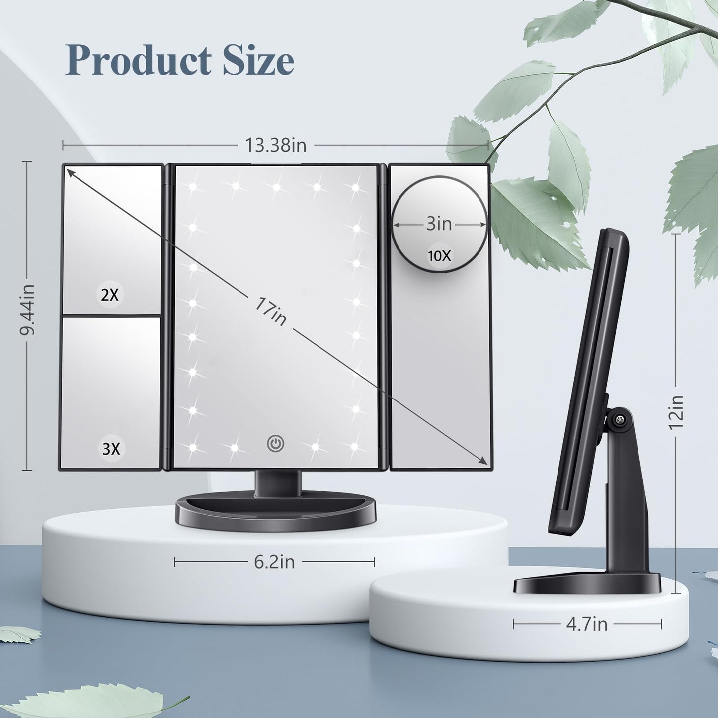 Makeup Mirror Vanity with Lights, 2X 3X 10X Magnification, Lighted Mirror, Touch Control, Trifold Dual Power Supply, Portable LED