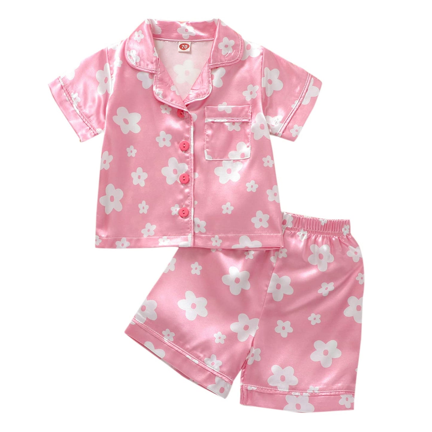 Toddler Girls Floral Silk Pajamas Short Sleeve Button-Up Top Shorts 2PC Flowers Satin Pajamas Set