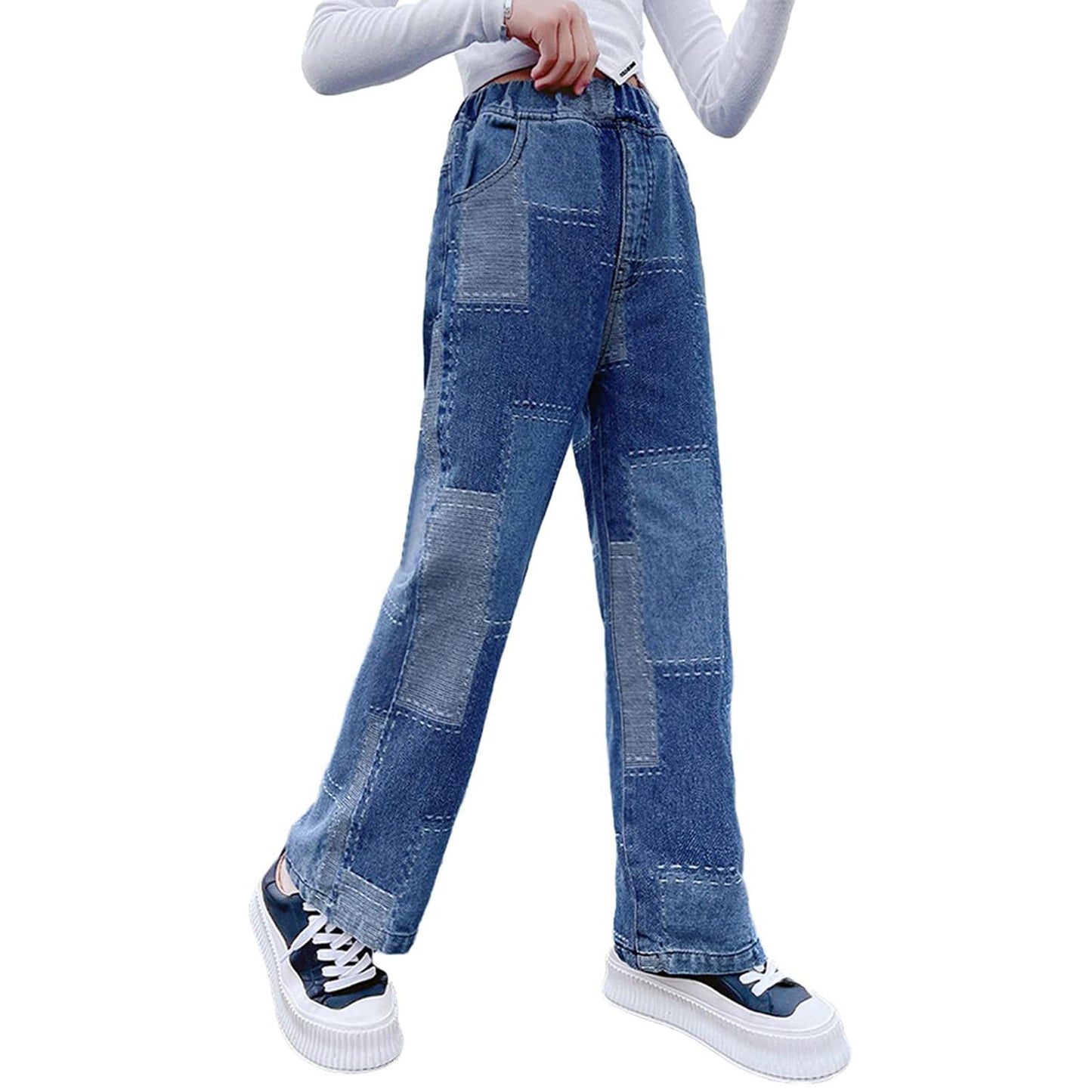 Girls Jeans Denim Elastic Wasit Wide Leg Baggy Pants