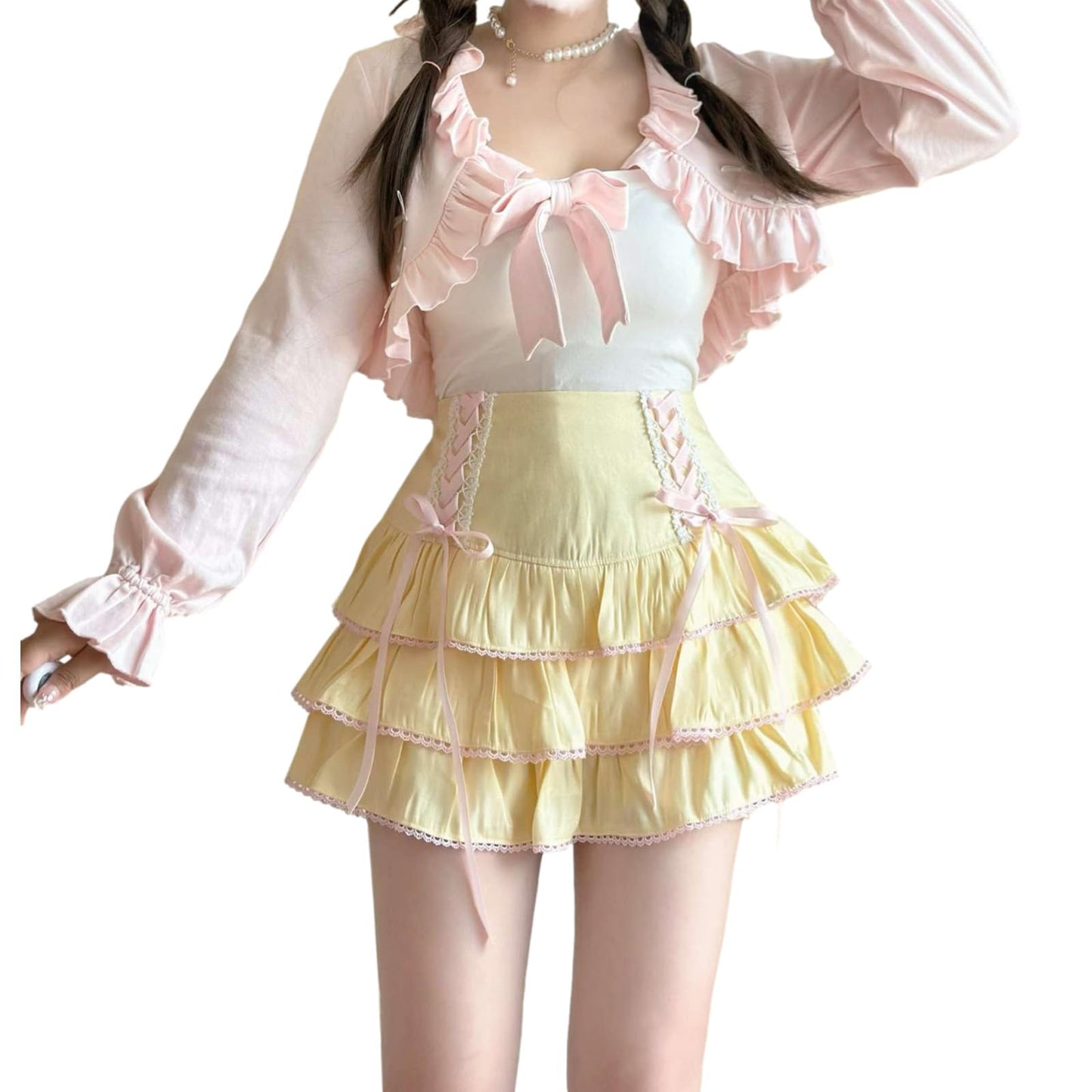 Mini Skirt Women Skorts Kawaii Layered Ruffle High Waist Lace Up A Line