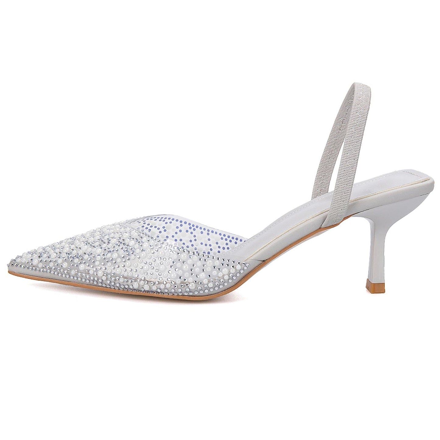 Women's Sparkly Rhinestone Slip On Clear Slingback Kitten Heels with Pearl Studded Pointed Toe