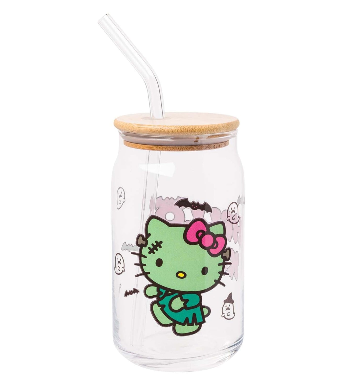 Sanrio Glass Jar Tumbler with Bamboo Lid and Glass Straw, 16 Ounces