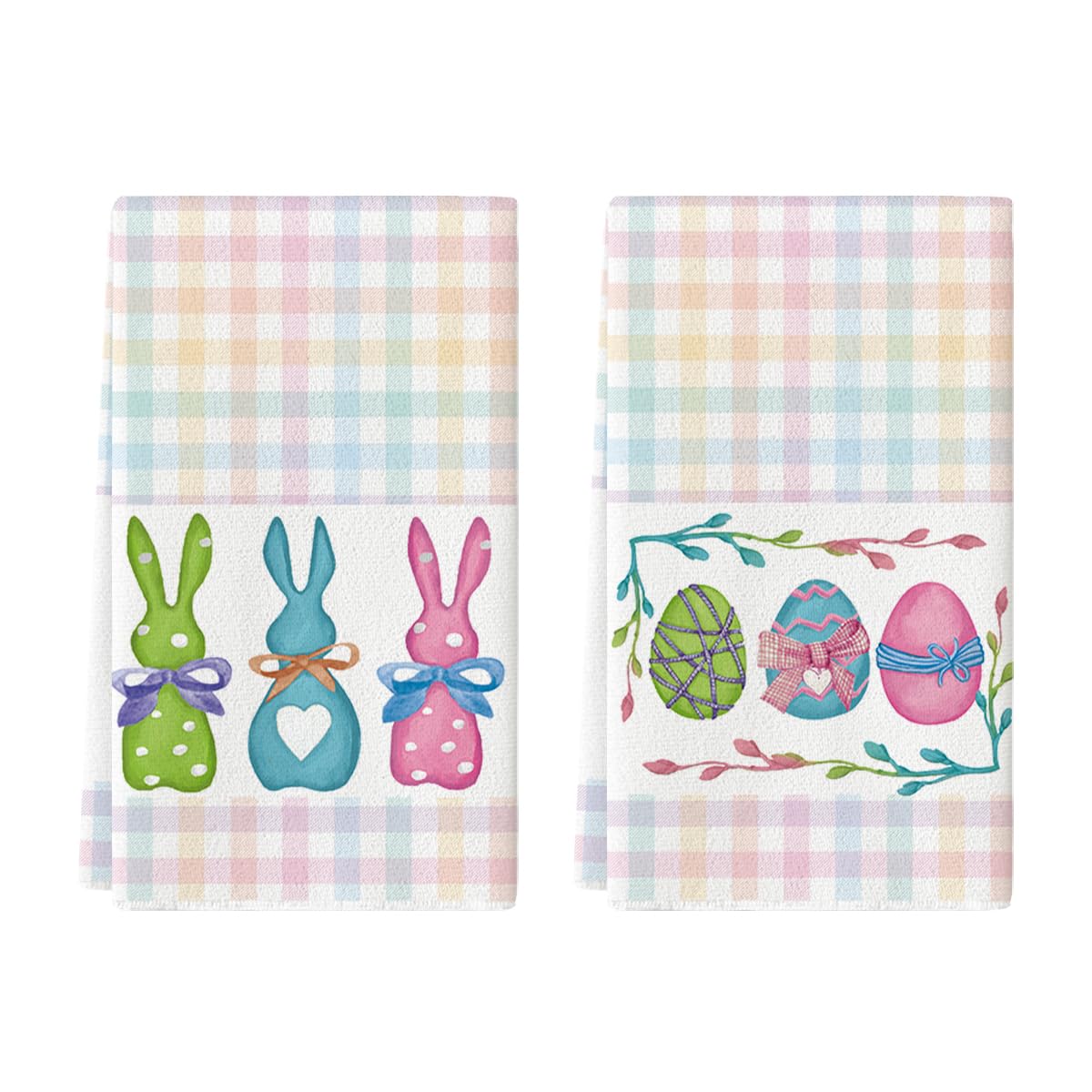 Stripe Rabbit Bunny Eggs Easter Kitchen Towels Dish Towels, Set of 2