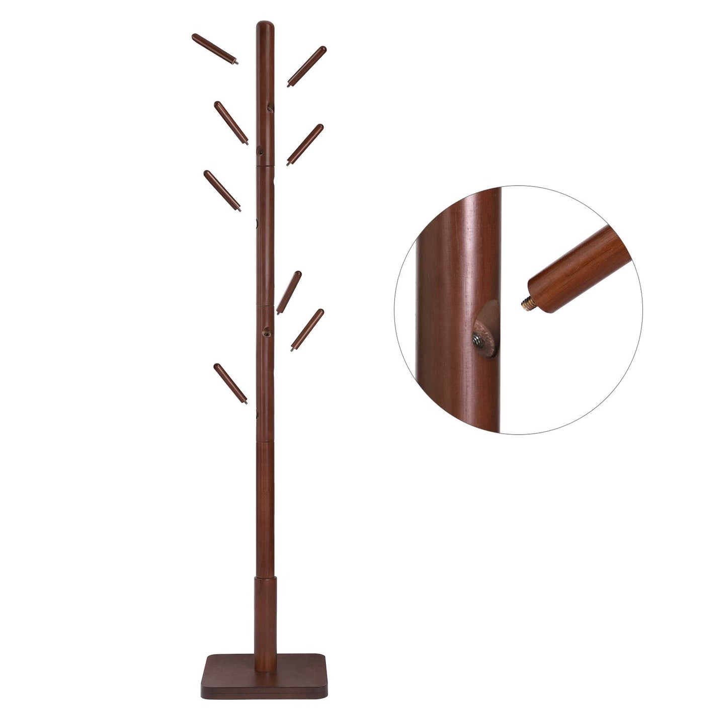 Solid Wood Coat Rack – Free-Standing Tree with 8 Hooks, Adjustable Height for Coats, Hats, and Bags