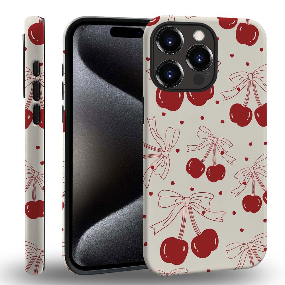 Red Cherry Bows Hybrid 2 Layer Hard Shell Silicone Protective Pattern Design for iPhone Case