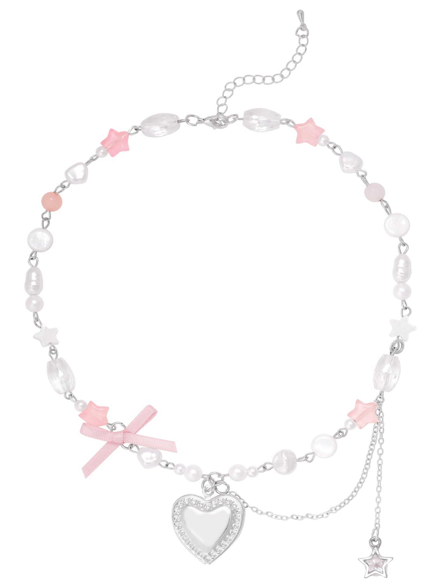 Y2K Kawaii Coquette Pink Bow Cutecore Aesthetic Beaded Choker Necklace