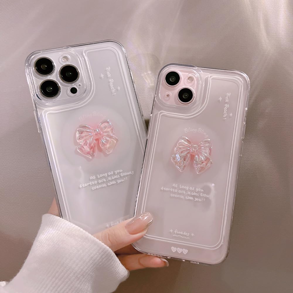 Cute 3D Pink Bowknot Slim Clear Aesthetic Design Protection Phone Cases Cover Compatible for iPhone 13