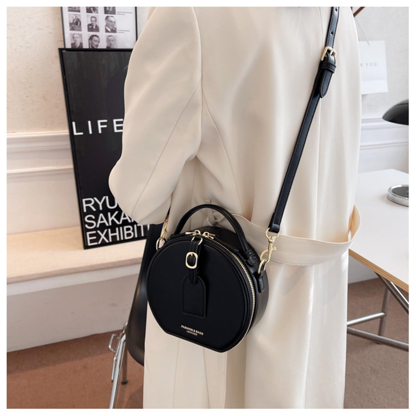 Retro Round Leather Bag Top Handle with Strap