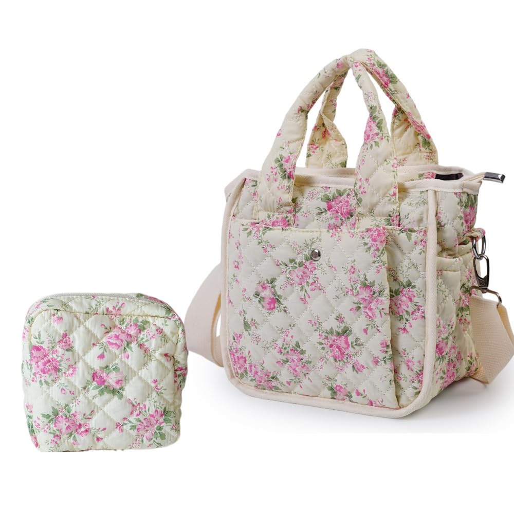 Small Floral Quilted Tote Bag - Cute Crossbody Shoulder Purse with Pockets