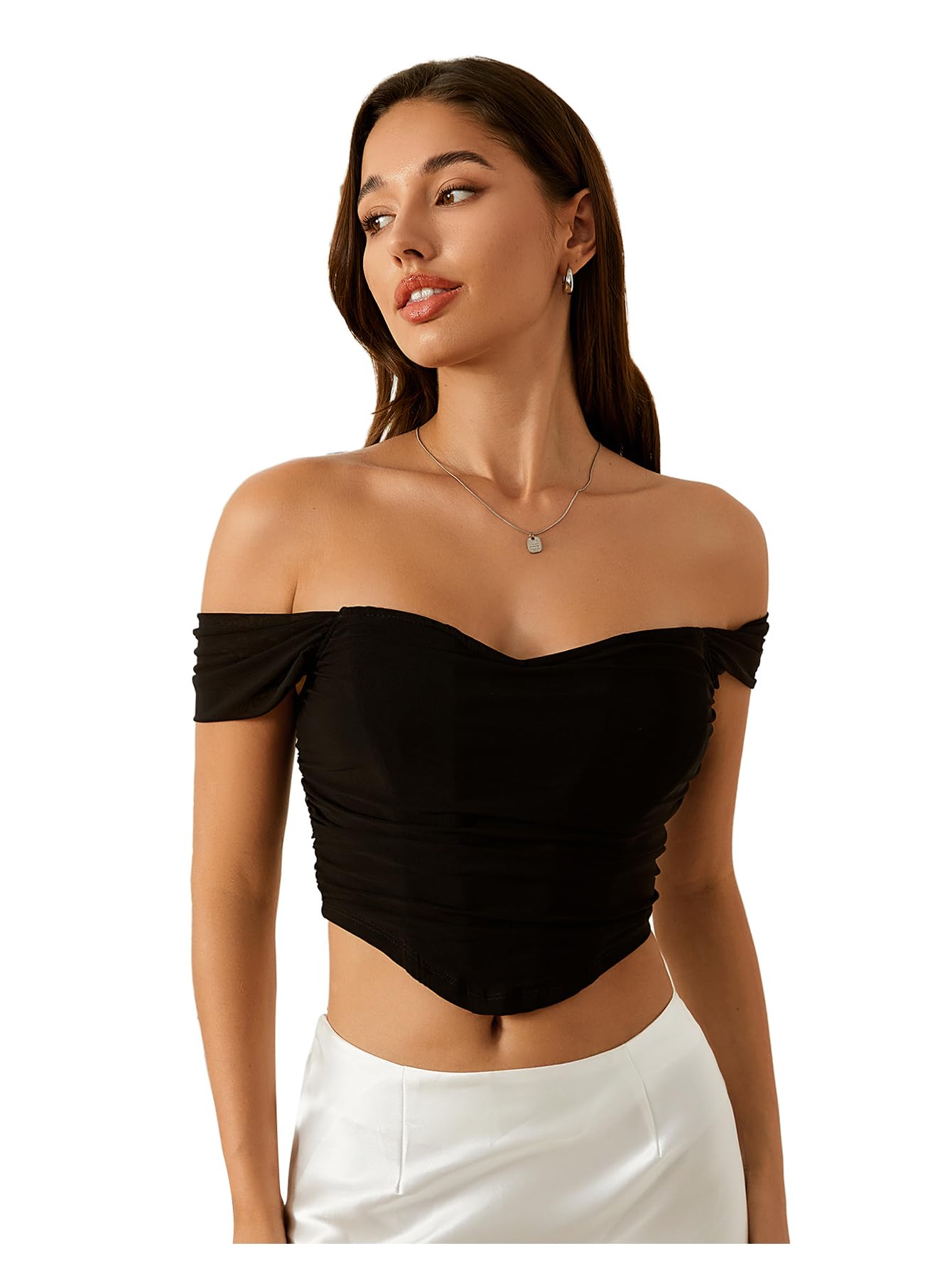 Women's Off Shoulder Short Sleeve Asymmetrical Hem Ruched Corset Crop Top