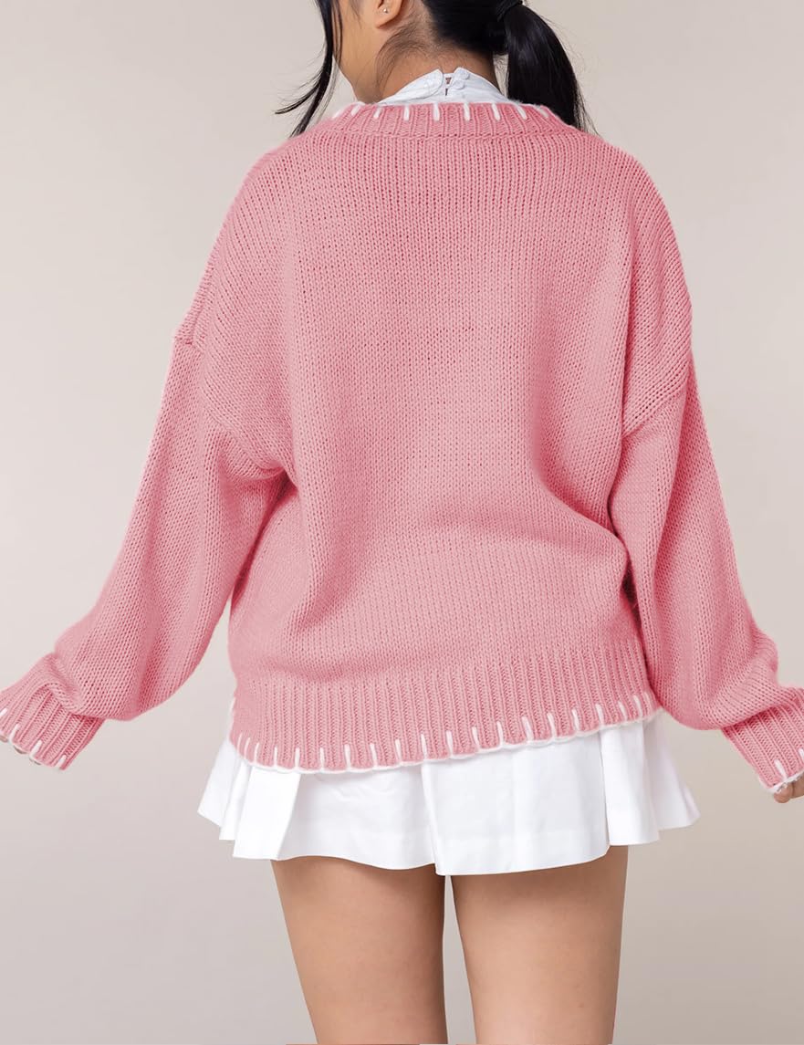 Women Y2K Bow Knit Sweater Crew Neck Long Sleeve Knitted Pullover Oversized Contrast Trim Knitwear