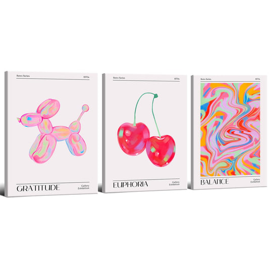 Set of 3 Retro Preppy Cherry Canvas Wall Art Posters – Funky Euphoria Abstract Aura Prints for Bedroom or Dorm Decor