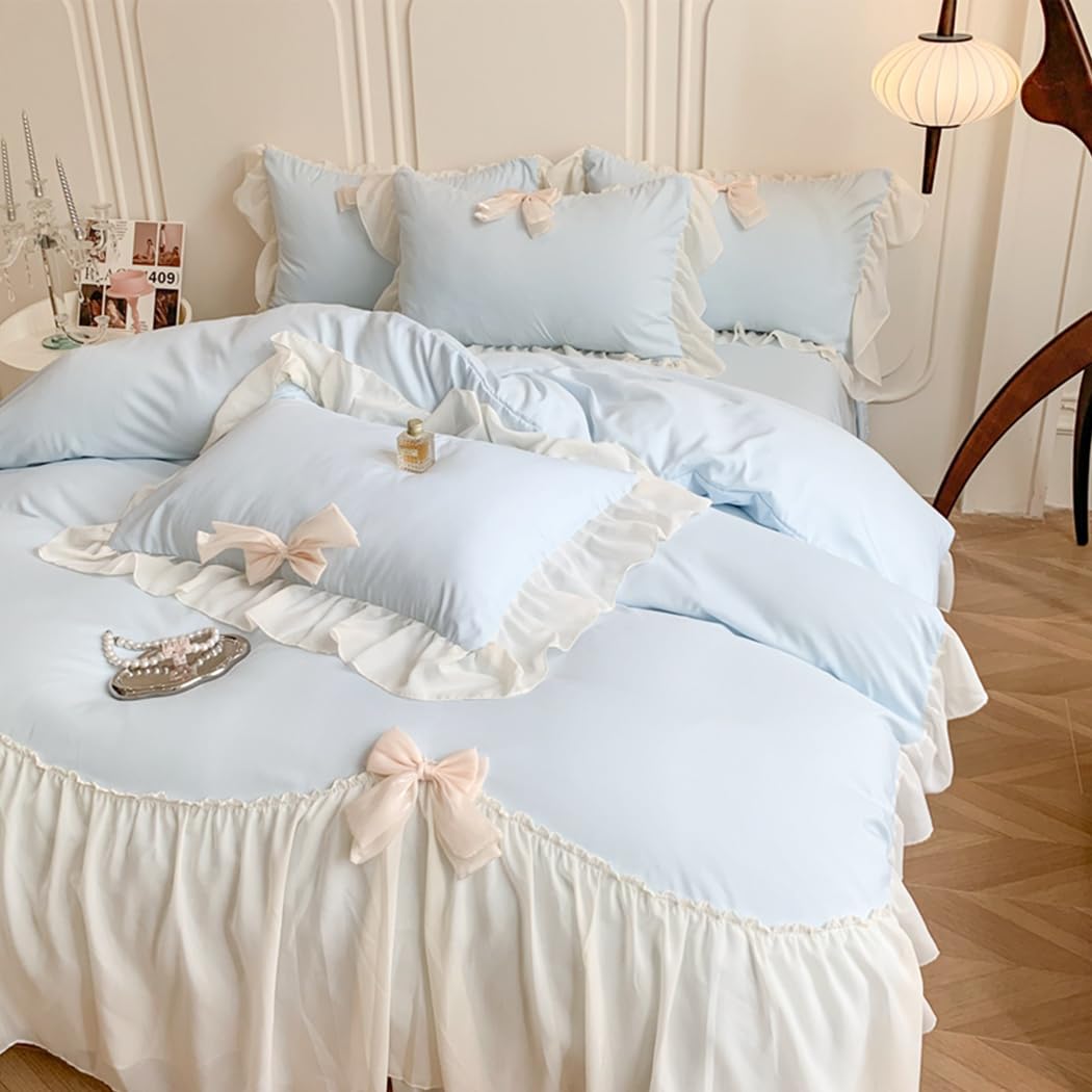 Princess Style Lace Bedding Comforter Cover Set, Chic Ruffled Duvet Cover with Lovely Bow, 1 Duvet Cover with 2 Pillowcases, No Comforter