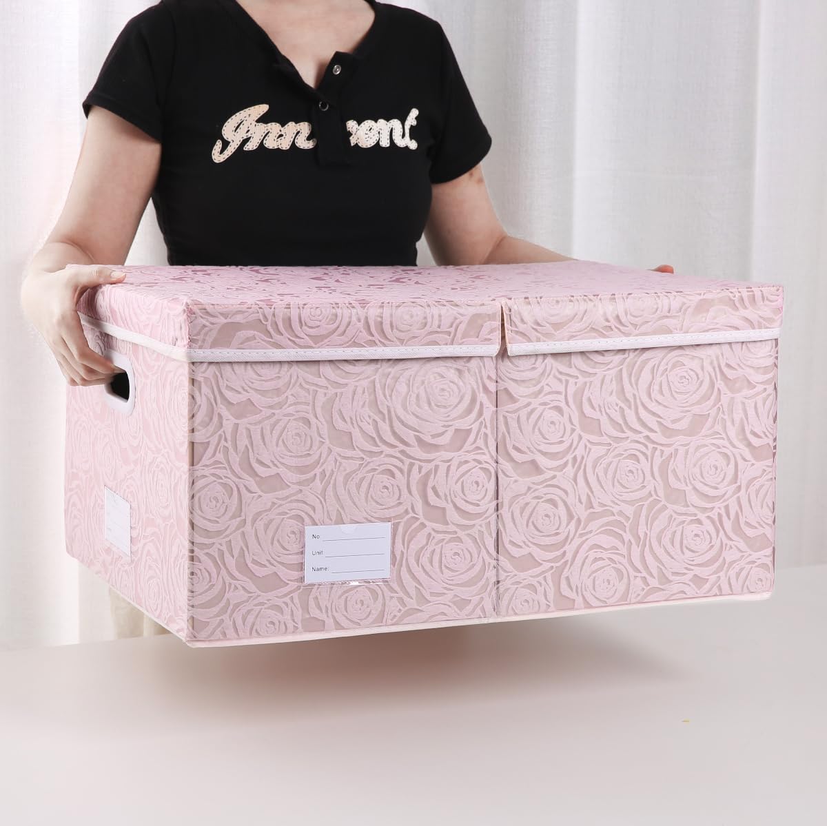 Larger Collapsible Storage Bin with Lid Fabric Decorative Storage Box Cube Organizer Container Baskes with Handles Divider for Bedroom Closet Living Room Pink 17.7x11.8x11.8 Inch