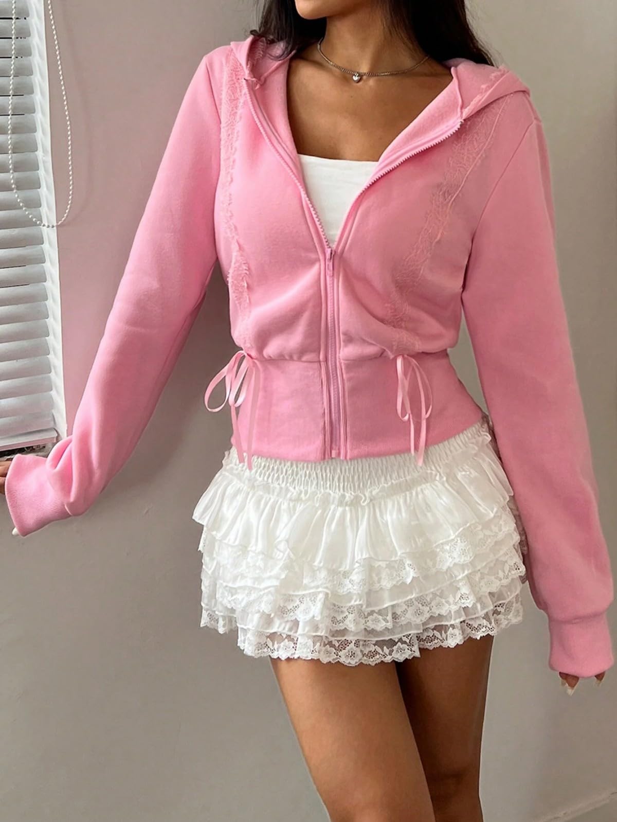 Women's Lace Patchwork Bow Zip-Up Crop Hoodie – Y2K Coquette Fleece Casual Hooded Sweatshirt