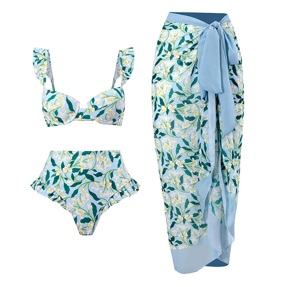 Women's Three-Piece Swimsuit Set with Tummy Control, Matching Wrap Skirt, and Mesh Cover-Up