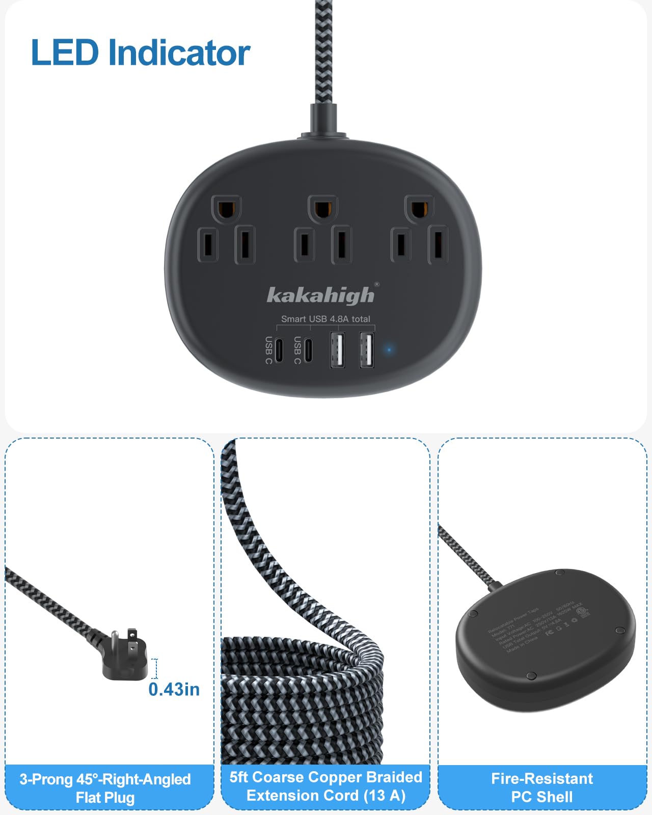 Cute Surge Protector – 5FT Flat Extension Cord, 3 Outlets, 4 USB Ports (24W)