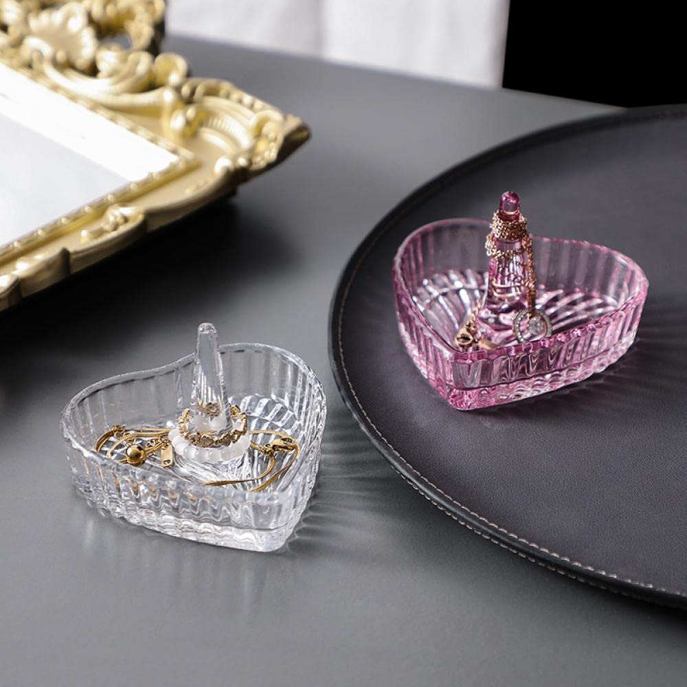 Heart-Shaped Crystal Glass Jewelry Box with Embossed Design and Lid