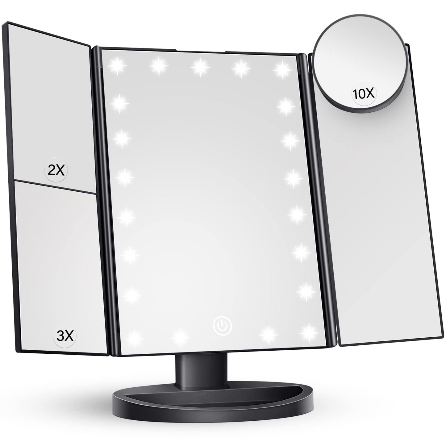 Makeup Mirror Vanity with Lights, 2X 3X 10X Magnification, Lighted Mirror, Touch Control, Trifold Dual Power Supply, Portable LED