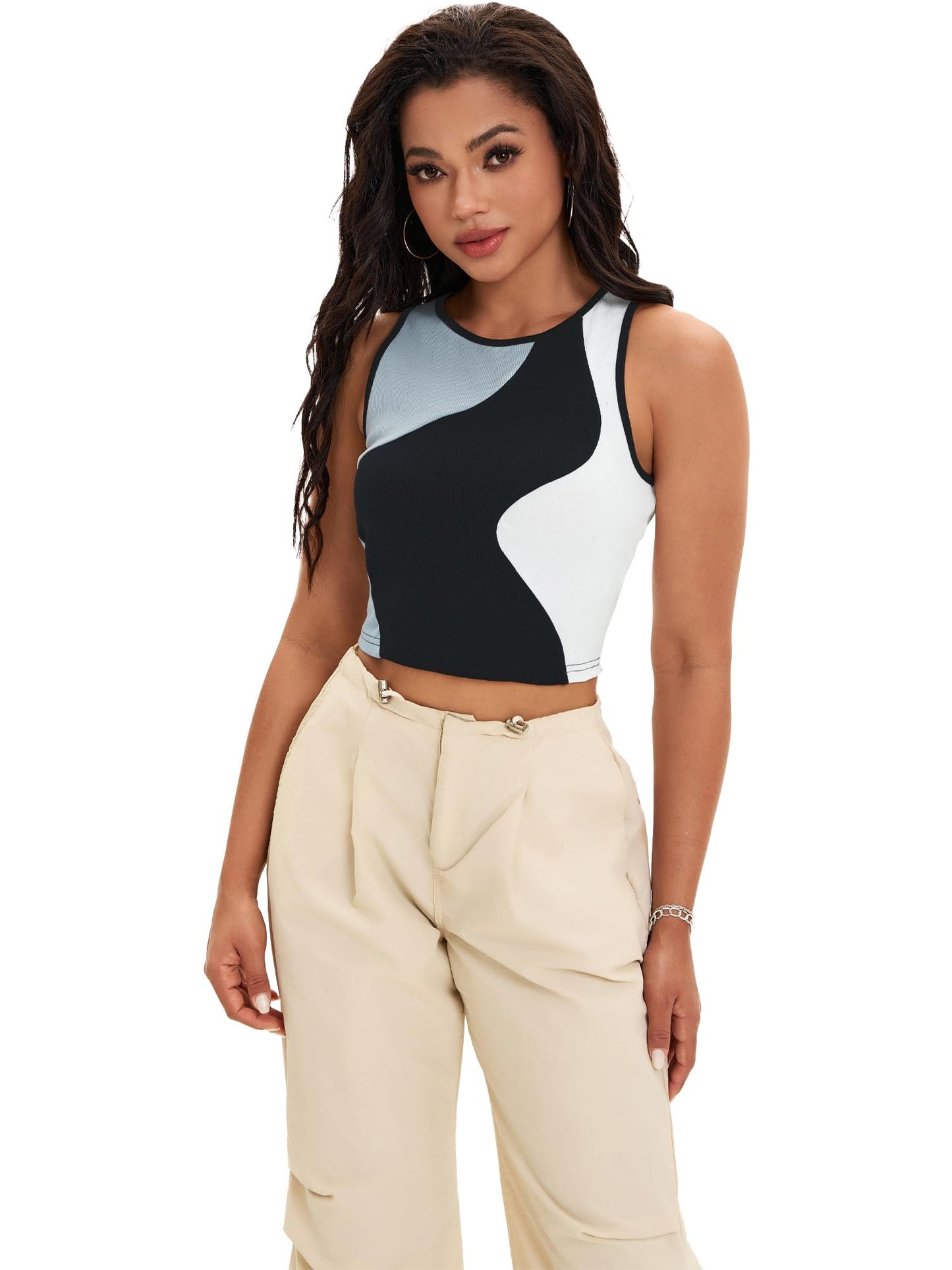 Crop Tank Tops mer Color Block Ribbed Tops