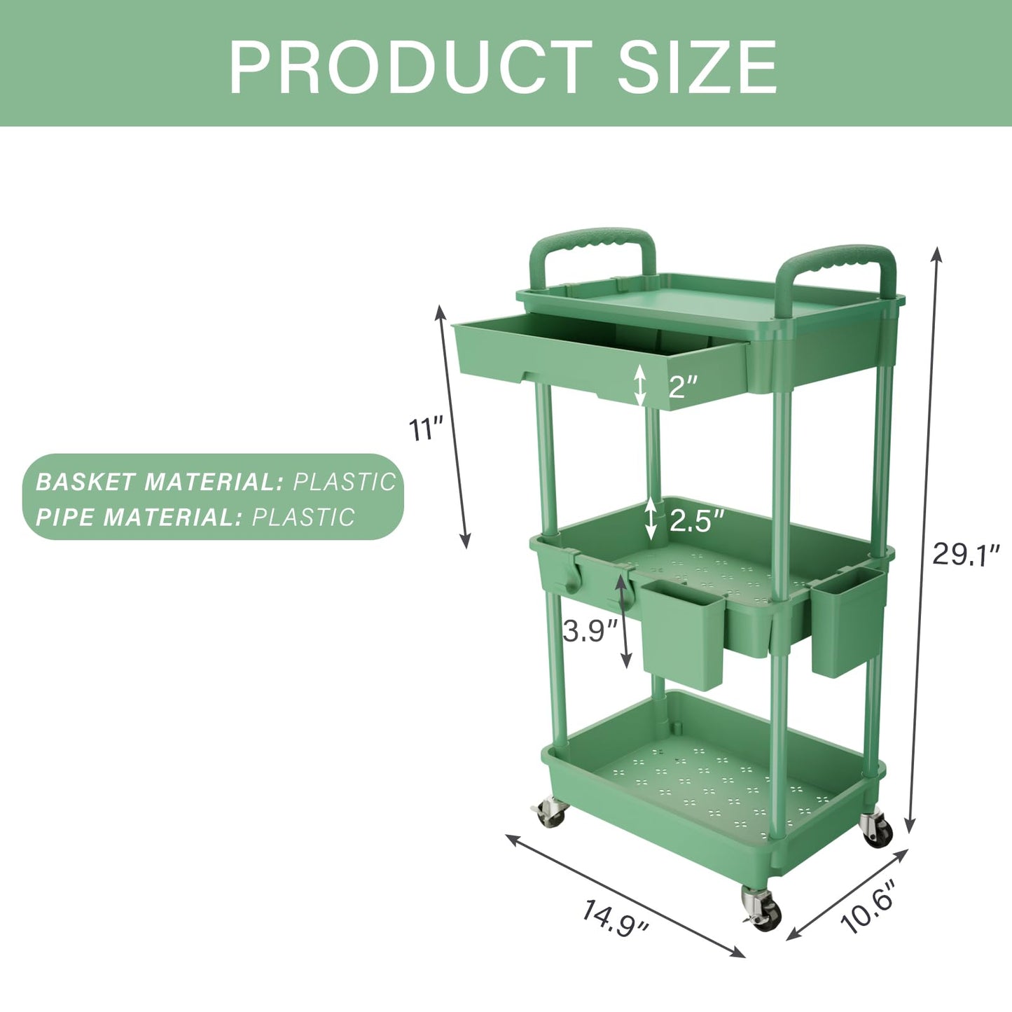 Rolling Utility Cart with Drawer,Storage Cart with Iron Wheels