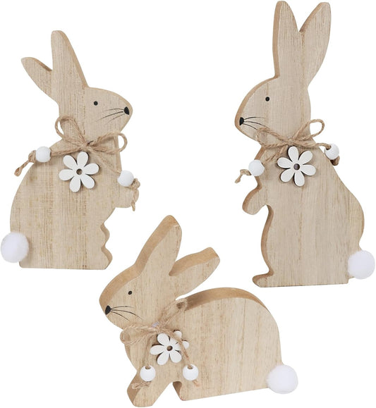 Easter Bunny Table Wooden Sign Decorations for Home, 3 Pieces Rabbit with Pompom Ball