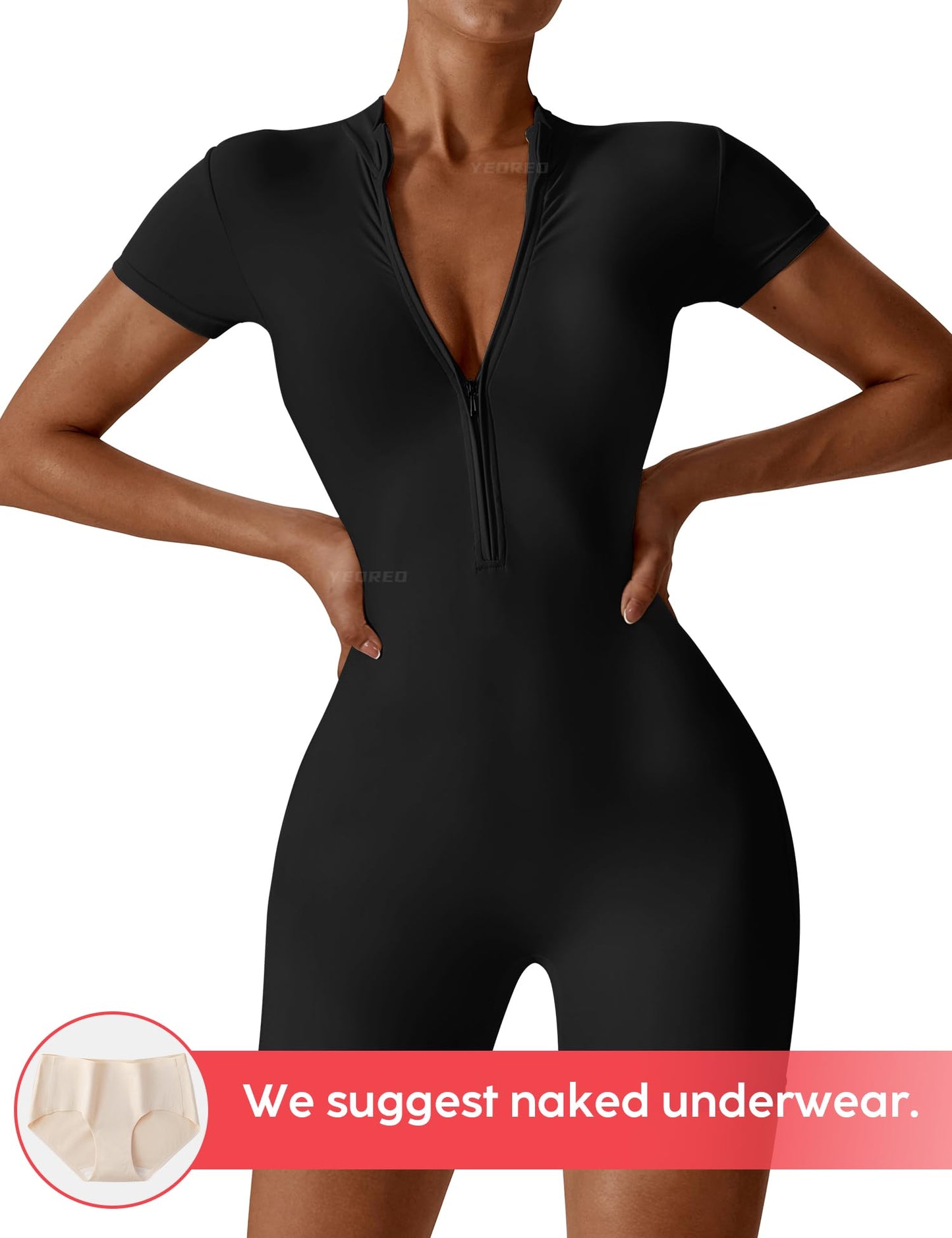 Women Short Sleeve Workout Jumpsuit - Sexy One Piece Zip Up Romper Bottom Shorts Bodysuit Bodycon