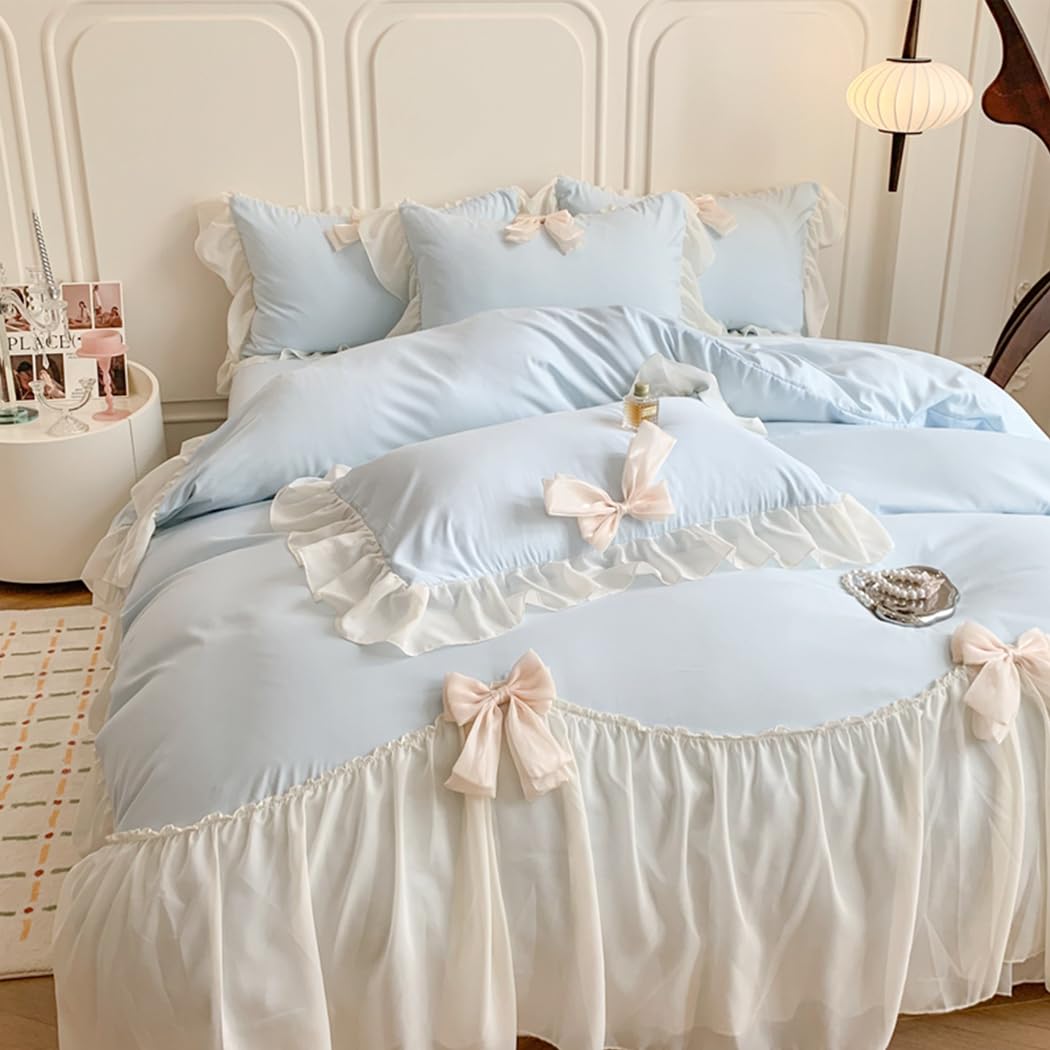 Princess Style Lace Bedding Comforter Cover Set, Chic Ruffled Duvet Cover with Lovely Bow, 1 Duvet Cover with 2 Pillowcases, No Comforter