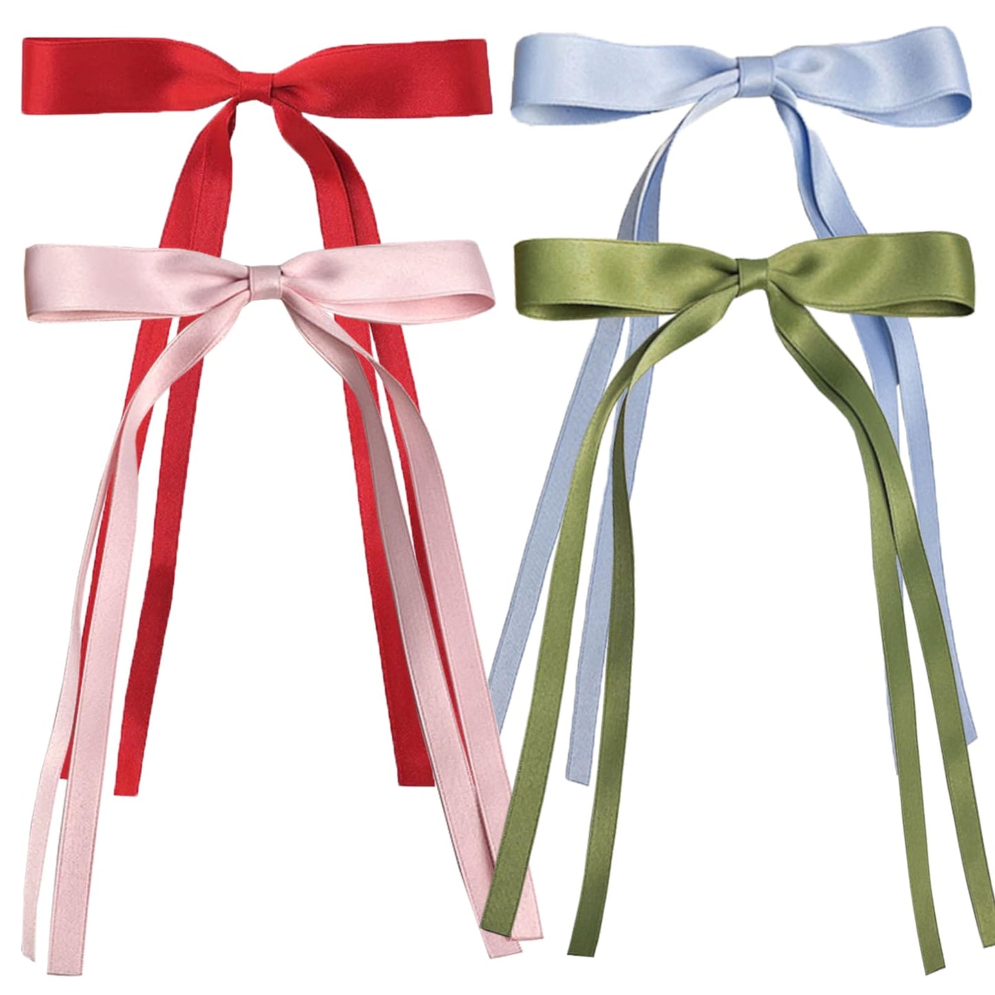 Satin 4-Piece Hair Ribbon Clips for Women and Girls – Pink and Beige Long Tail Bow Hair Accessories