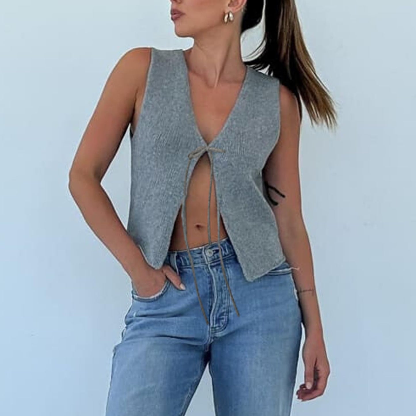 Y2k Button Down V Neck Sleeveless Crop Top Hollow Out Open Front Tank Crotchet