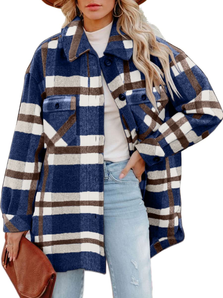 Women's Casual Flannel Plaid Shacket Button Down Long Sleeve Shirt Jacket Coats with Pockets