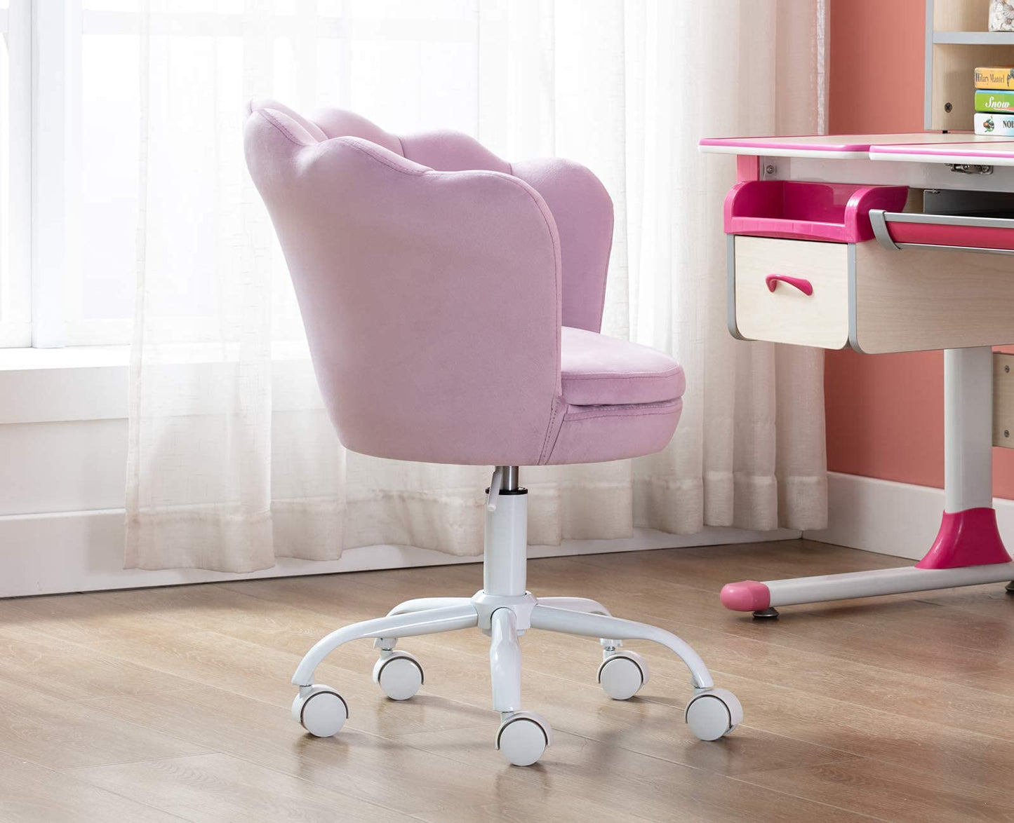 Cute Adjustable Kids Desk Chair - Modern Upholstered Velvet Swivel Rolling Armchair Seashell Back